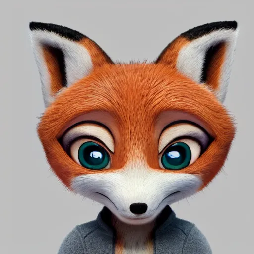 Prompt: upper half portrait of a anthropomorphic female fox with short white fur covering her body in the style of zootopia, top down view, centered on face, white fur, white skin