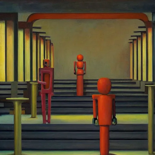 Image similar to drab human workers, guarded by evil robots, brutalist escalator, atrium, cloudy, dystopian, pj crook, edward hopper, oil on canvas