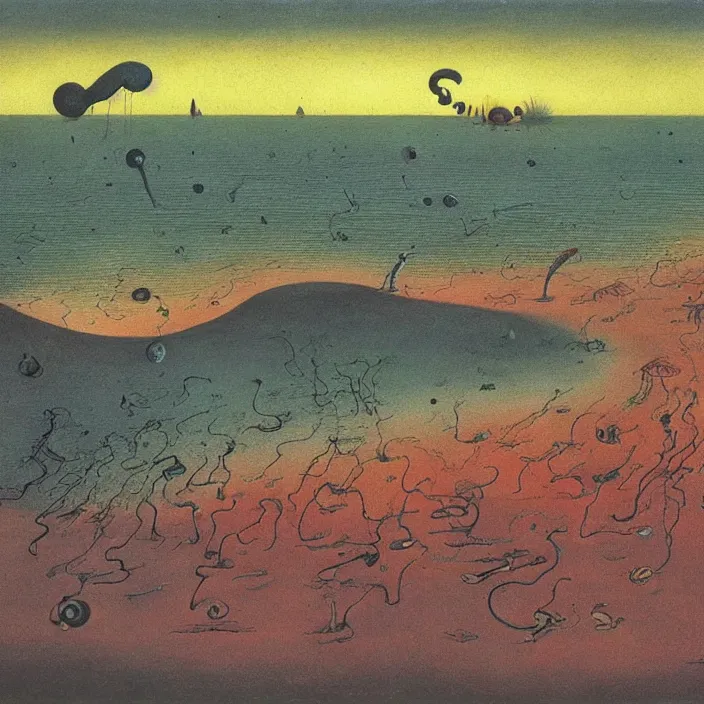 Prompt: the first color getting out of the primordial ocean to walk on land. sunset. codex seraphinianus. painting by yves tanguy, bruegel, walton ford, rene magritte, max ernst, matisse