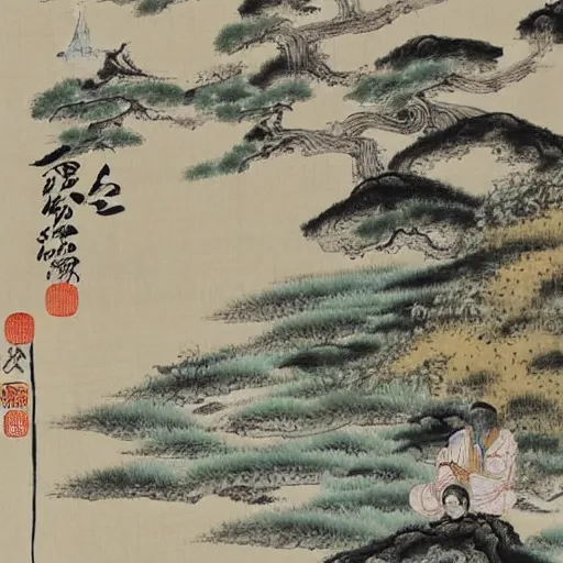 Image similar to lao tzu meditates beside a river, traditional chinese painting,