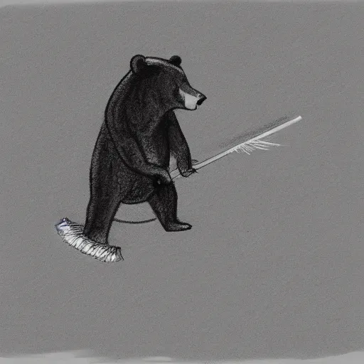 Prompt: bear cleaning the floor, holding a broom, sweeping, pencil sketch