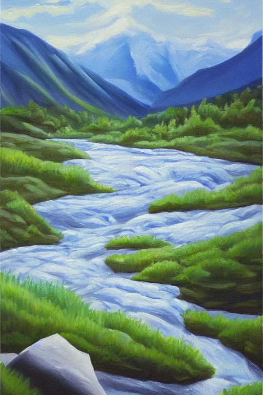 Prompt: mountaintop river flat illustration oil painting trending on artstation