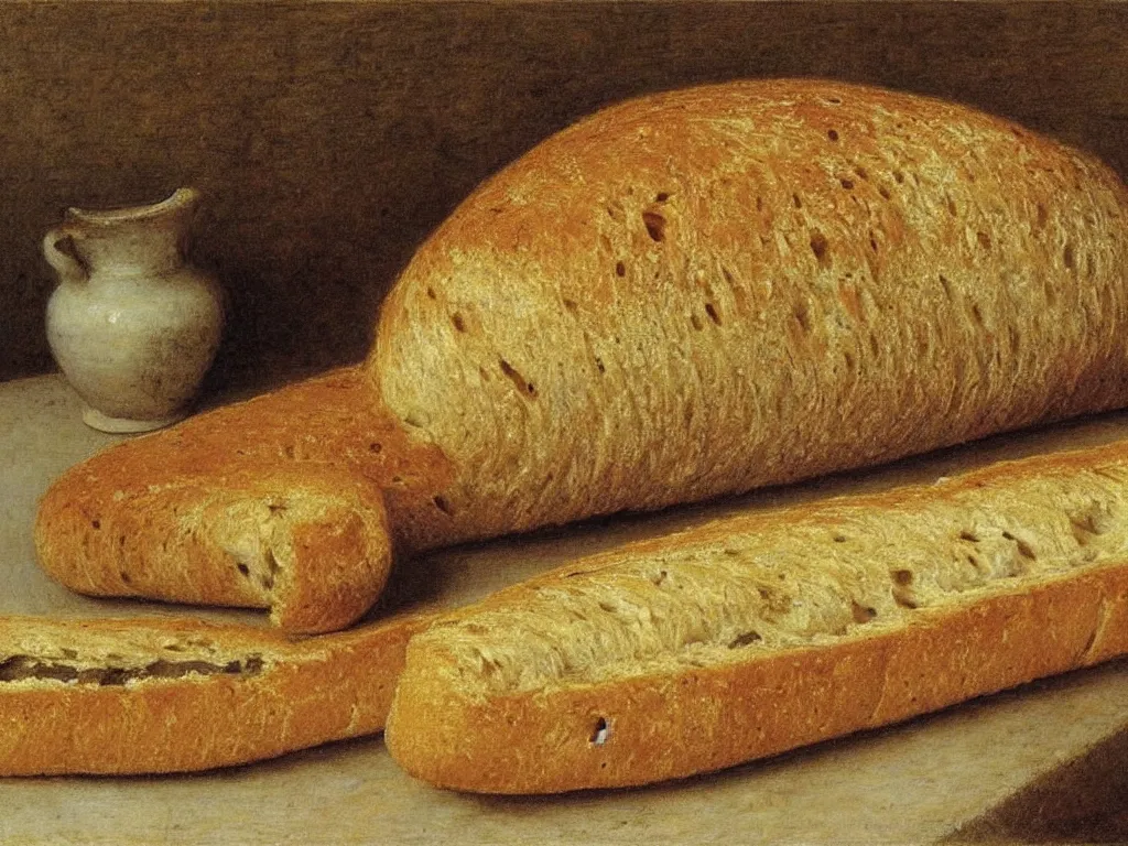 Image similar to bread baguette rotten and moldy. painting by henri fantin - latour