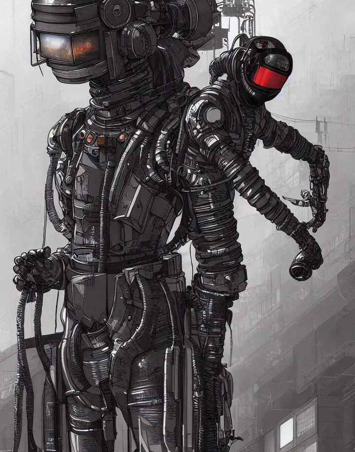 Image similar to realistic cyberpunk japanese engineer with long limbs and a black spacesuit carrying welder, techwear, dead space, visible face, Industrial Scifi, detailed illustration, character portrait, by Martin Grip and Moebius