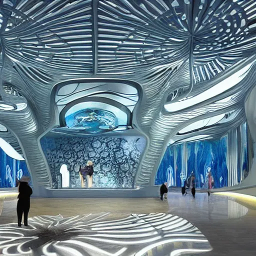 Image similar to extremely detailed ornate stunning beautiful futuristic museum lobby interior for aquatic life theme with large aquariums as the walls by Zaha Hadid