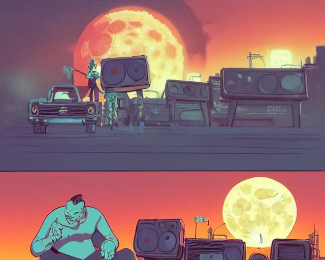 Image similar to three panels from a cell shaded comic book showing a big fat boombox, in front of a big moon, illustration, wide shot, muted colors, post grunge, concept art by josan gonzales and wlop, david rubin, mike mignola, laurie greasley, highly detailed, sharp focus, trending on artstation, hq, deviantart, art by artgem