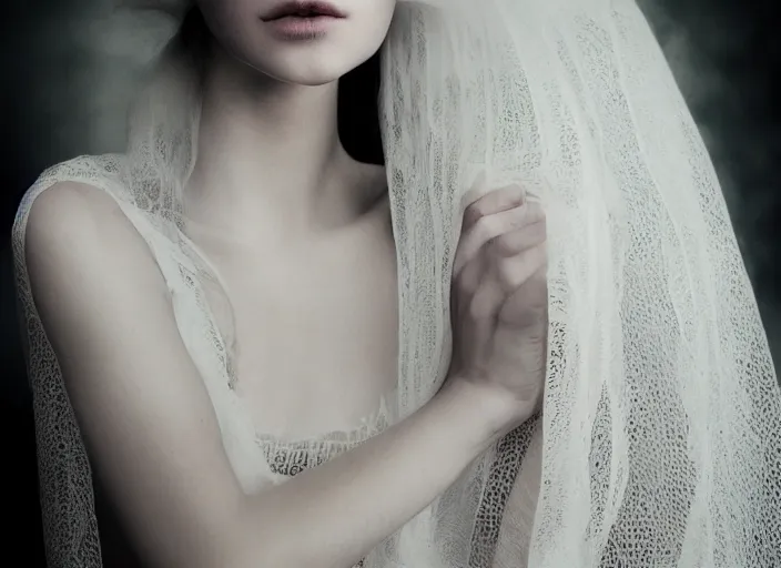 Prompt: a stupid head with highly detailed realistic diged nails like a crown, in style of paolo roversi, britt marling style 3 / 4, a beautiful ethereal lace white robe, 8 k, soft focus, soft light, volumetric lighting, highly detailed realistic, refined, highly detailed, natural outdoor soft pastel lighting colors scheme