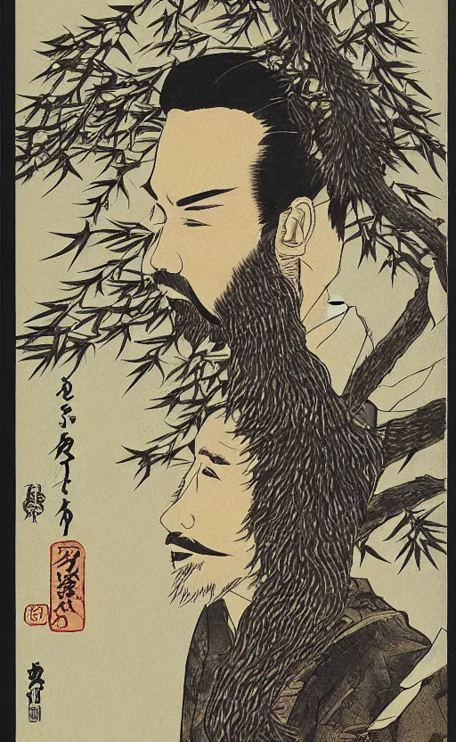 Prompt: by akio watanabe, manga art, a male calligrapher sitting on chair with brown hair and beard, willow tree and hill, trading card front, kimono, realistic anatomy, sun in the background