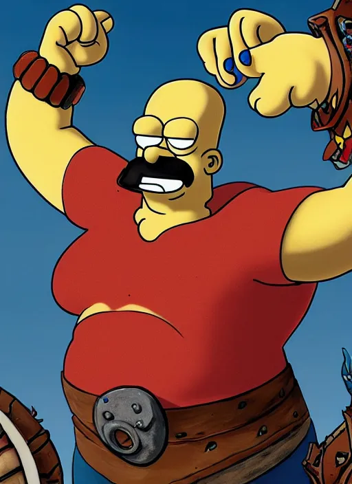 Image similar to painted white Homer Simpson:: depicted as Kratos God of War, Matt Groening art, high detailed official artwork