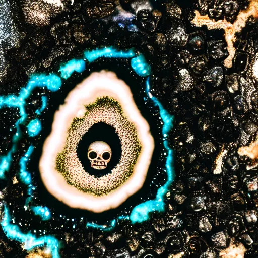 Image similar to photography of a geode with a a small body of an alien skellet inside it