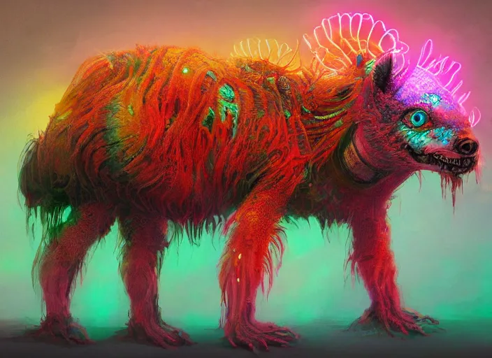 Image similar to detailed full body concept art illustrated colorful bioluminescence pastel painting of a nightmare Chernobyl mutated animal in full intricate detail, ultra detailed, digital art, octane render, 4K, dystopian, micro details