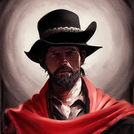 Prompt: cowboy dressed in black and a red scarf sitting in a saloon, portrait, digital art by cedric peyravernay, artgerm, john harris, greg rutkowski