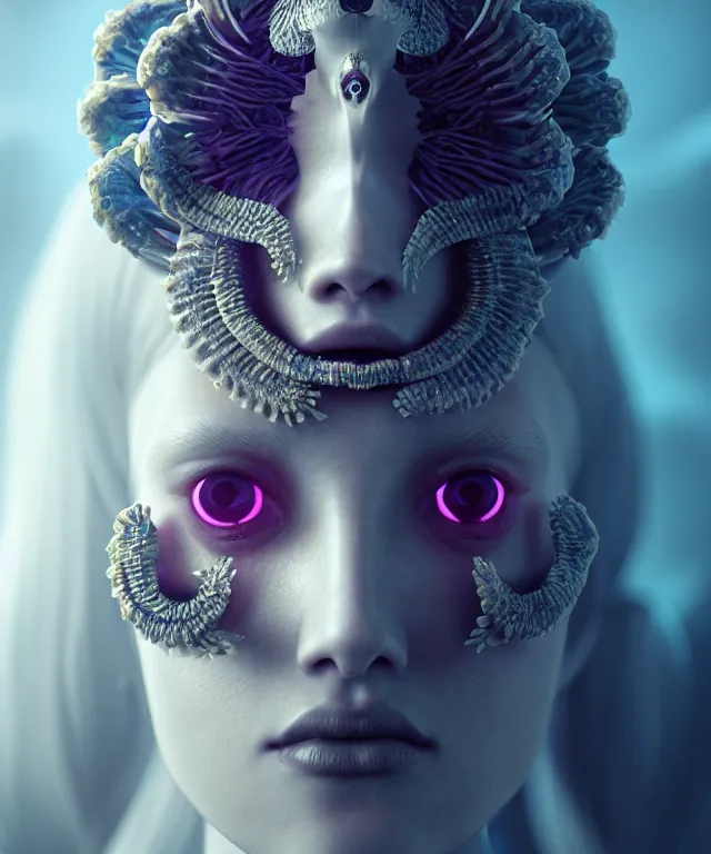 Image similar to symmetrical goddess close-up portrait wigh crown made of skulls. betta fish, phoenix, bioluminiscent creature, intricate artwork by Tooth Wu and wlop and beeple. octane render, trending on artstation, greg rutkowski very coherent symmetrical artwork. cinematic, hyper realism, high detail, octane render, 8k