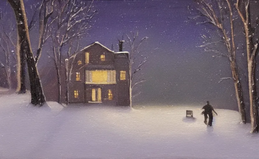 Prompt: snowy dark night scene depicting a single house in the woods with one bright window and a man running away from it. oil painting.