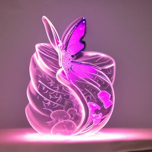 Prompt: butterfly ice sculpture, pink, purple, glow, smoke, smoke, smoke