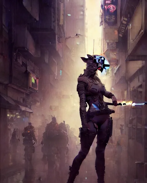 Image similar to beautiful portrait of an attractive white anthro wolf female soldier smoking a cigarette in a bustling crowd of a rainy city street, cyberpunk, wearing tactical gear, female fursona, 4 k, trending on artstation, by gaston bussiere, craig mullins, artgerm, greg rutkowski, alphonse mucha