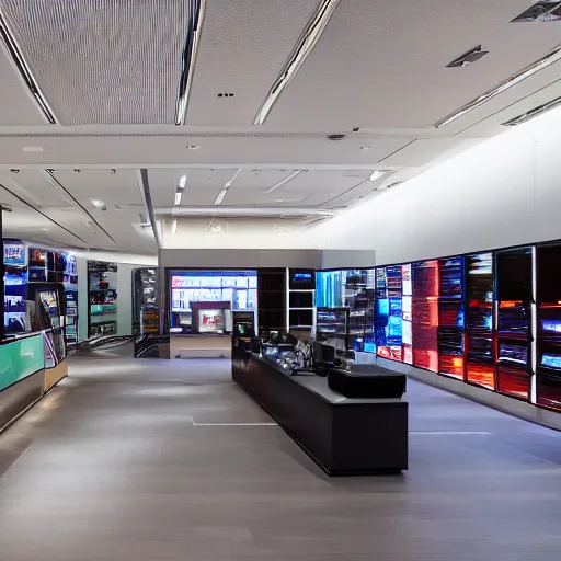 Prompt: interior photography of a Microsoft Samsung flagship store in the style of Denis Villeneuve, guardians of the Galaxy, the last jedi, blade runner 2049, retaildesignblog, dezeen, 14mm, 8k, cinestill, pentax, film