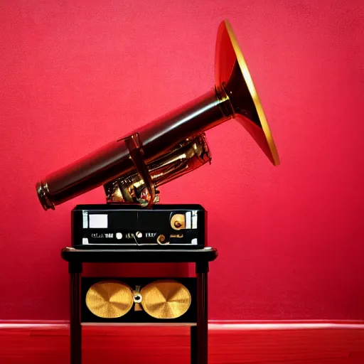 Image similar to droid in red room listening gold gramophone, high quality image, denoise