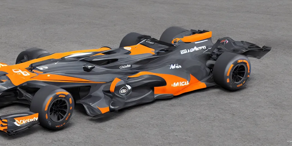 Image similar to hybrid design between McLaren MCL34 F1 car and Ford Mustang. No background, concept art style.