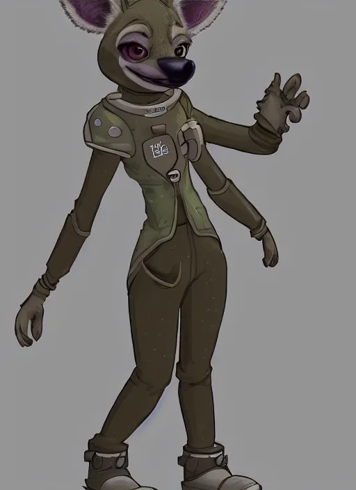 Image similar to digital detailed full body of anthromorphic female hyena, in style of zootopia, zootopia, zootopia, fursona, furry, furaffinity, 4 k, deviantart, furry art, fursona art, wearing astronaut outfit, in style of zootopia, hyena fursona, cyberpunk, female, stylized face,