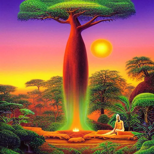 Prompt: an african queen with a green glow meditating in an african zen garden with a baobab tree at sunset with a waterfall in the distance, by alex grey and thomas kinkade and thomas blackshear, oil on canvas, highly detailed, synthwave color scheme