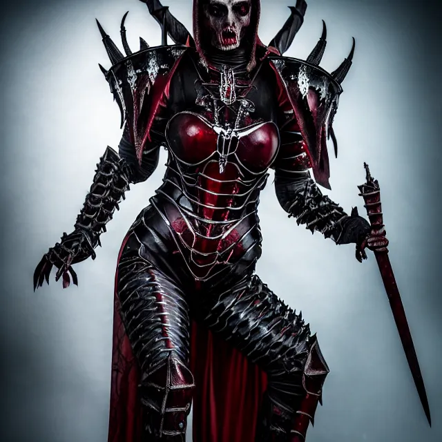Image similar to full body photo of a vampire queen warrior wearing demonic armour, highly detailed, 4 k, hdr, smooth, sharp focus, high resolution, award - winning photo