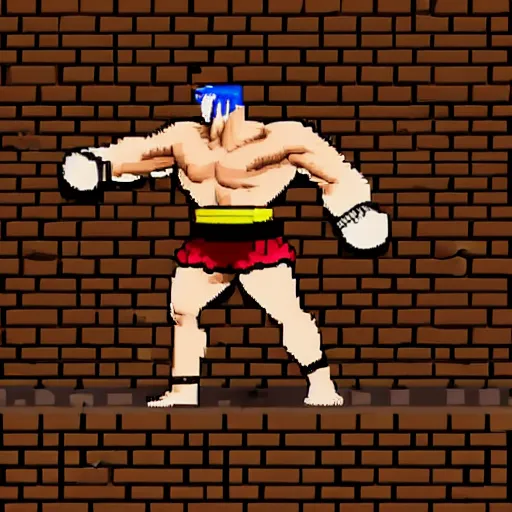 Image similar to full body portrait. 1 6 bit sega graphics. antropomorphic muscular masculine wolf, kickboxer fighter, in shorts, staying in front of brick wall. wolf head. furr on body