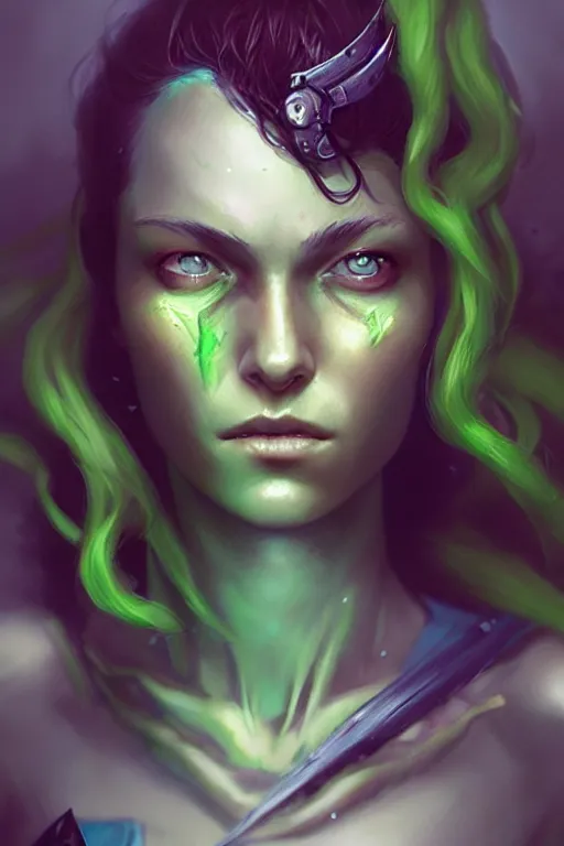 Prompt: character art by bastien lecouffe - deharme, young woman, green hair, green skin, nature powers, 4 k, arstation, trending