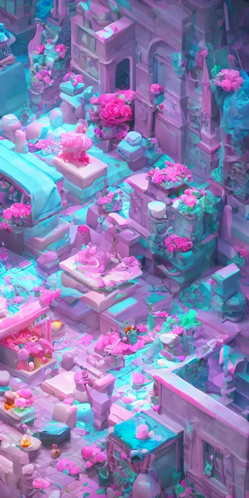 Image similar to Isometric Fantasy Room made of cotton candy and roses, trending on artstation, 4k, 8k, overhead view, unreal engine, octane, artstation 3d, artstation 3d render, artstation photography