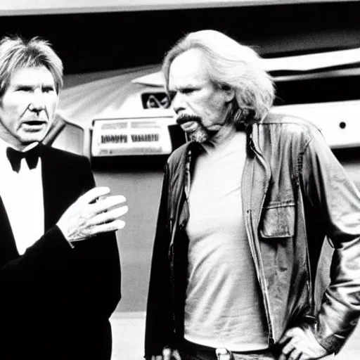 Image similar to movie still, 1 9 8 0 s, harrison ford and john carpenter talking