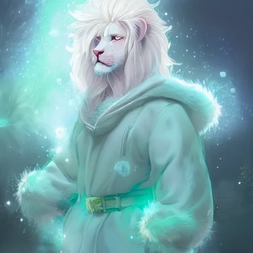Prompt: aesthetic portrait commission of a albino male furry anthro lion surrounded by glistening floating bubbles while wearing a cute mint colored cozy soft pastel wizard outfit, winter Atmosphere. Character design by charlie bowater, ross tran, artgerm, and makoto shinkai, detailed, inked, western comic book art, 2021 award winning painting