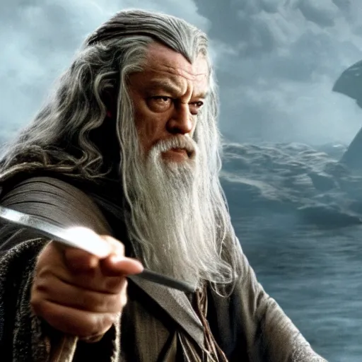 Prompt: film still of leonardo di caprio as gandalf standing against balrog in lord of the rings 2 0 0 1