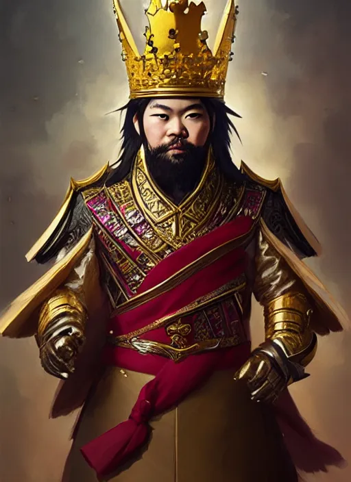 Image similar to gm hikaru nakamura dressed as a king, fantasy portrait, artstation, extremely detailed artgerm greg rutkowski