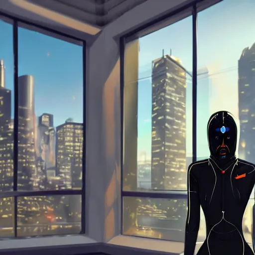 Prompt: A cybernetic woman in a sleek black jumpsuit, looking over her shoulder with a enigmatic smile, standing in front of a large window with a cityscape in the background, by James Jean and Jen Lee and Rebecca sugar, sci fi world, pixiv, unreal engine, HD