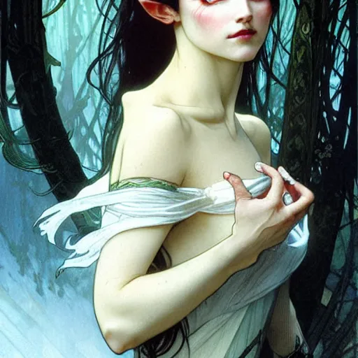 Prompt: Portrait of a pretty half-elf half-vampire young woman. Her hair is both black and white. Her eyes have red irises and vertical pupils. Art by Greg Rutkowski and Alphonse Mucha