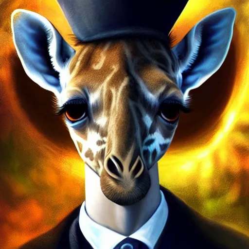 Image similar to epic professional digital airbrushed portrait art of a cute baby giraffe dressed as a magician,, best on artstation, cgsociety, wlop, Behance, pixiv, cosmic, epic, stunning, gorgeous,, masterpiece by Dorian Cleavanger and Stanley Lau,