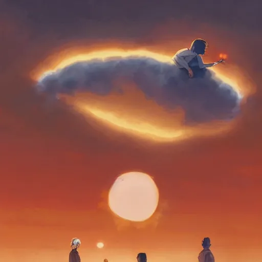 Image similar to the disembodied head of rudy giuliani is floating in the sky and covering the sun. the sky is orange. people on the ground are running away out of fear. a rotoscoped image, comedy, ( ( concept studio ghibli ) ) ( ( by greg rutkowski ) )