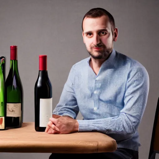 Image similar to portrait of a 3 0 years old frenchman in 2 0 2 0 seated at a table with a bottle of wine. award winning photography, 5 0 mm, studio lighting.