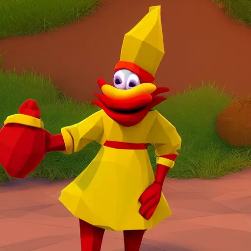 Image similar to image of ronald mcdonald, red afro, red nose and yellow outfit as an enemy in spyro the dragon video game, with low poly playstation 1 graphics, upscaled to high resolution