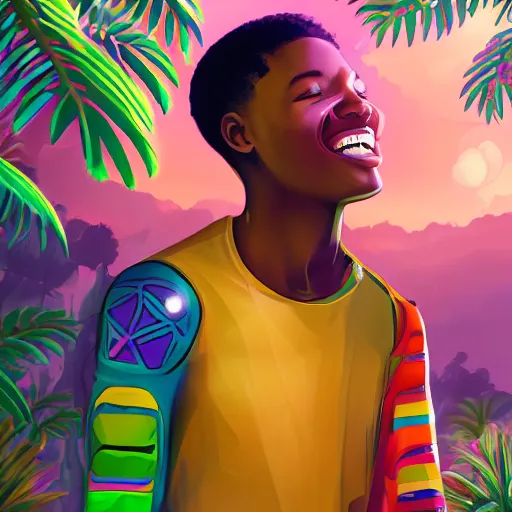 Image similar to concept art of beautiful futuristic, hyperrealistic, sci - fi, smiling african teen boy, peaceful, meditating, colourful digital art, colourful jungle, trending on artstation, detailed