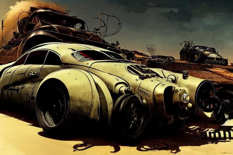 Image similar to dieselpunk mad max's 4 wd alpine a 1 1 0, painted by greg rutkowski makoto shinkai takashi takeuchi studio ghibli, akihiko yoshida