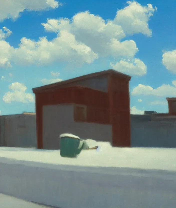 Image similar to baby blue sky with very aesthetic stylized puffy clouds, in the style of edward hopper, very fine brushstrokes, 4 k,