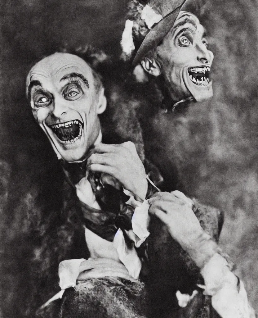 Image similar to portrait of conrad veidt the man who laughs wide grin, award winning colorized photo, sharp color palette