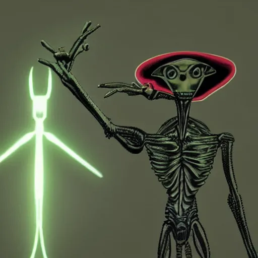 Image similar to alien with telescopic limbs dressed like david bowie