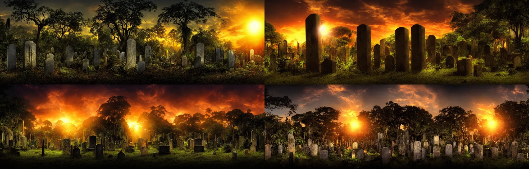 Prompt: backlight gravestone backlight jungle panorama with dramatic mood and sunset by frazetta