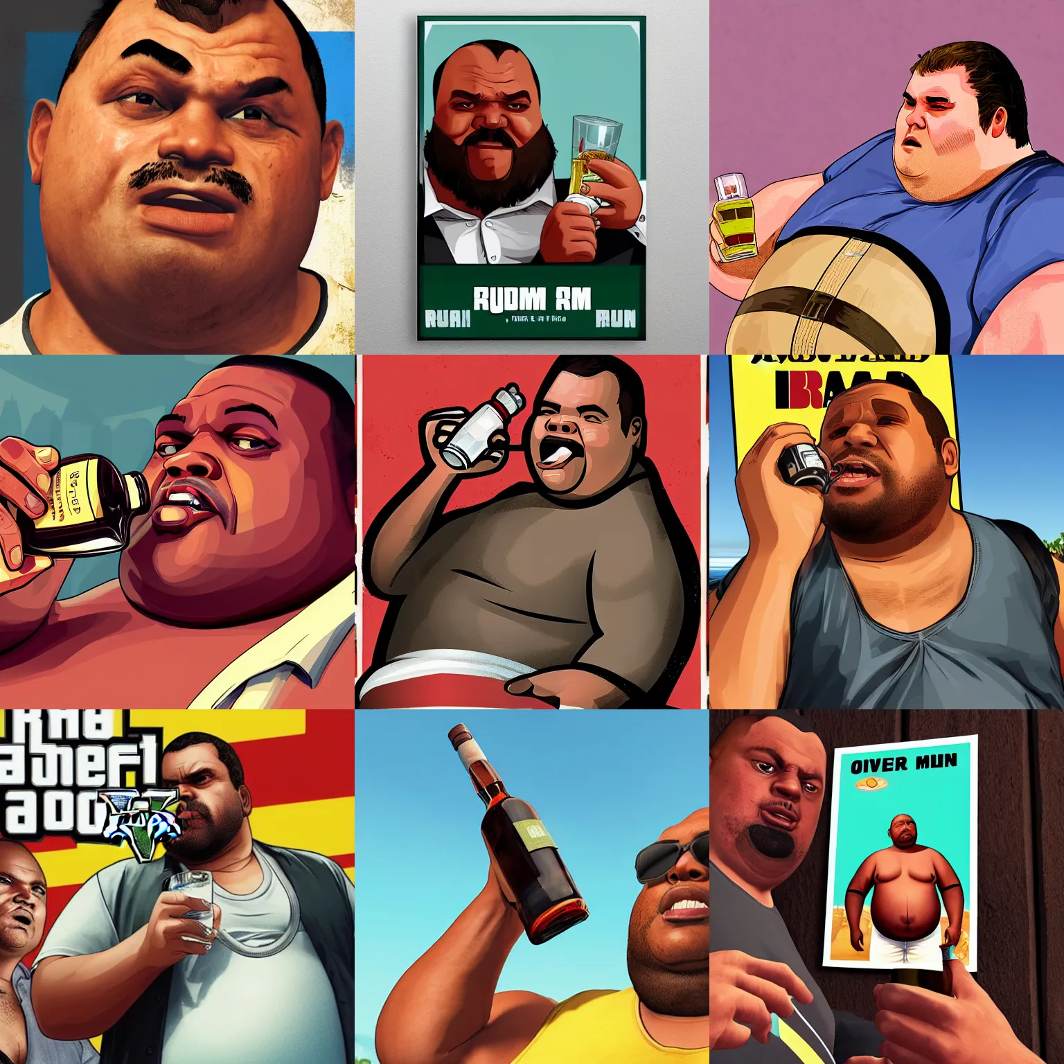 Prompt: Overweight man drinking rum, closeup, GTA V poster