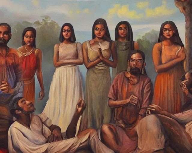 Image similar to beautiful oil painting of a brown man and his 7 wives in the afterlife.