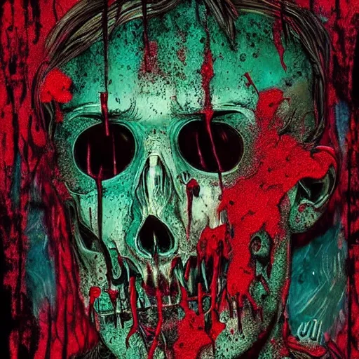 Image similar to horror art, deep bleeding decaying colors!