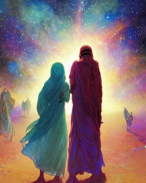 Image similar to bedouin man and woman and child in galaxy walking towards mosque surrounded by nebula, highly detailed, gold filigree, romantic storybook fantasy, soft cinematic lighting, award, disney concept art watercolor illustration by mandy jurgens and alphonse mucha and alena aenami, pastel color palette, featured on artstation