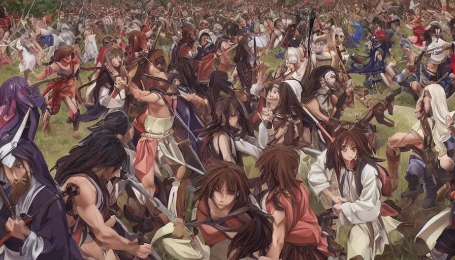 Image similar to jesus christ our lord leading an army of anime girls into battle, photorealistic, anime, mini skirt, long hair, renaissance painting, hyper real, detailed, wide angle shot, ultra detailed